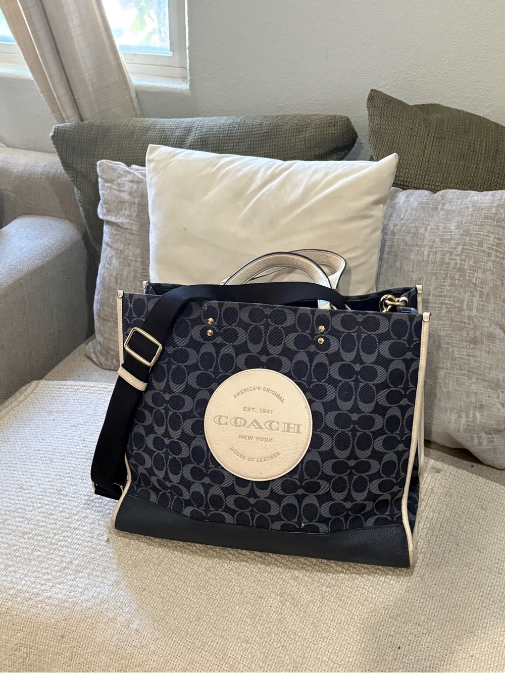 COACH Navy Signature Canvas Tote with Cream Trim and Black Strap